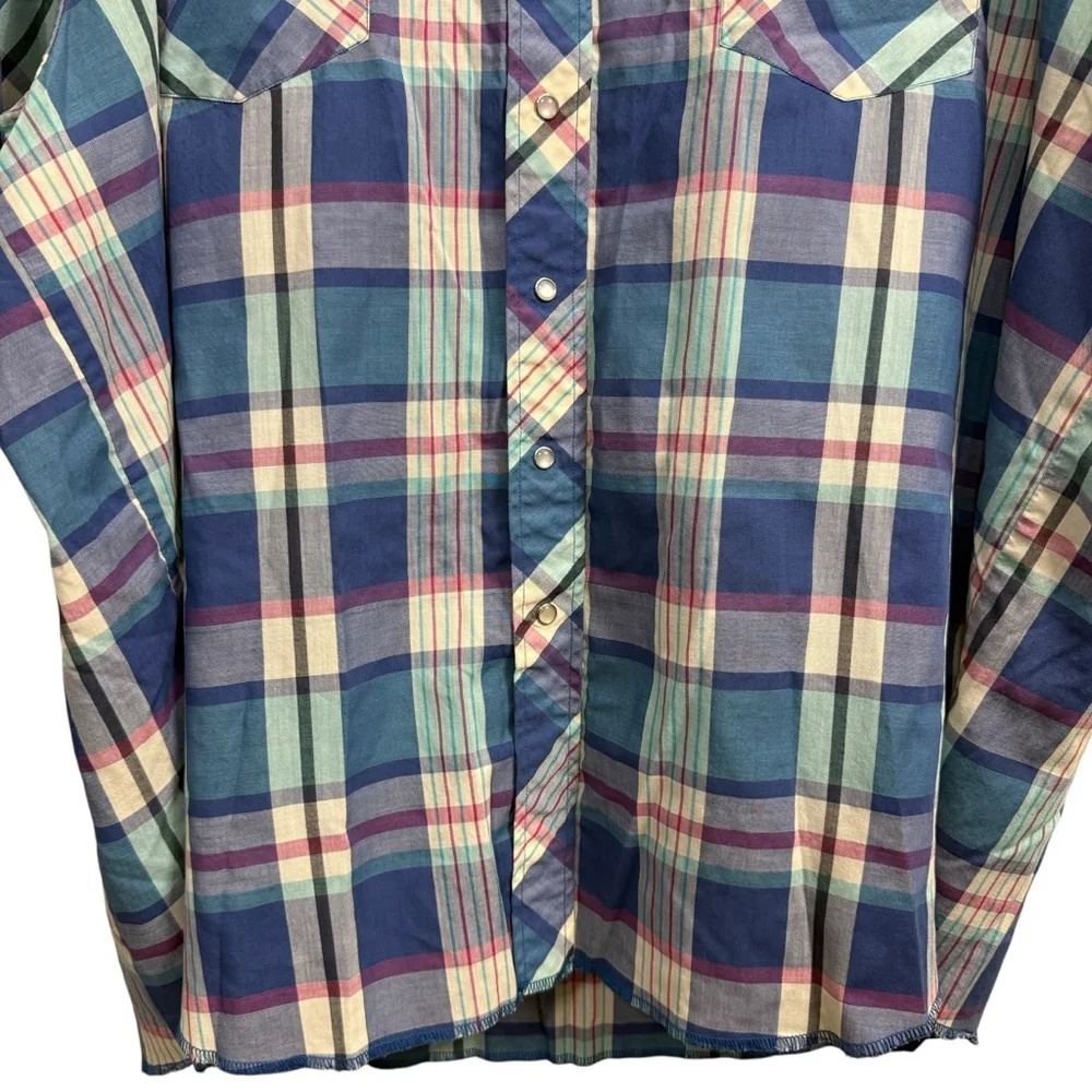 Vintage Y2K Big Man Wrangler Pearl Snap Plaid Western Shirt Size 3X Blue - Picture 3 of 8